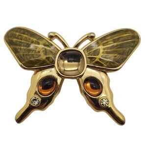 Monet Butterfly Brooch Gold Tone Green Pin Olive Enamel Brown Topaz Vintage 80s